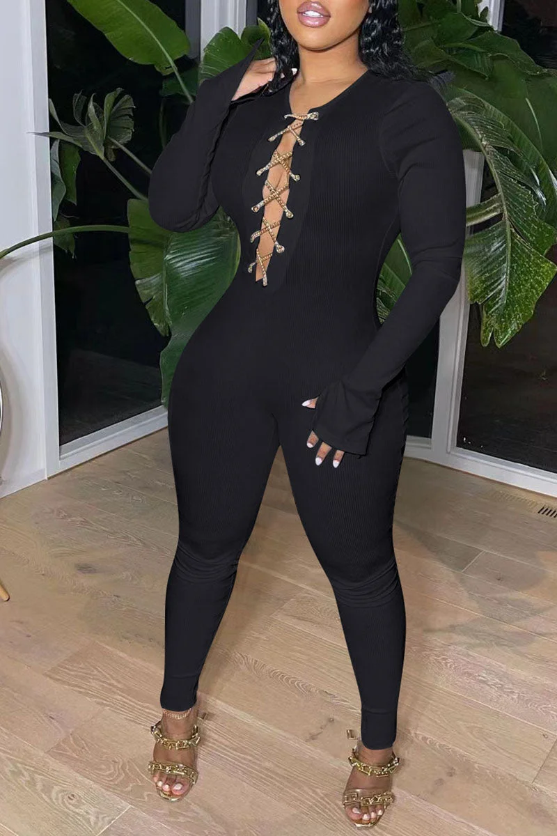 Sexy Solid Hollowed Out Split Joint Chains O Neck Regular Jumpsuits