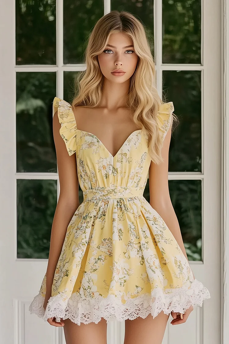 Ruffled Sleeve Floral Print Lace Patchwork Mini Dresses-Yellow [Pre Order]