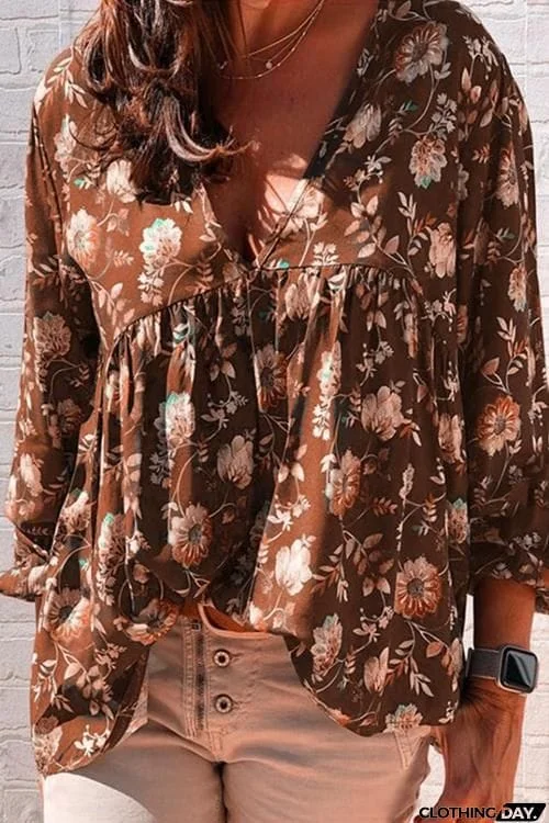 Floral Print V Neck Loose Blouse