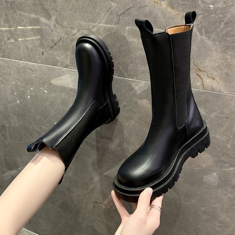Size 35-40 Fashion Genuine Leather Boots Women Thick Sole Chelsea Boots  British Style Winter Platform Ankle Boots