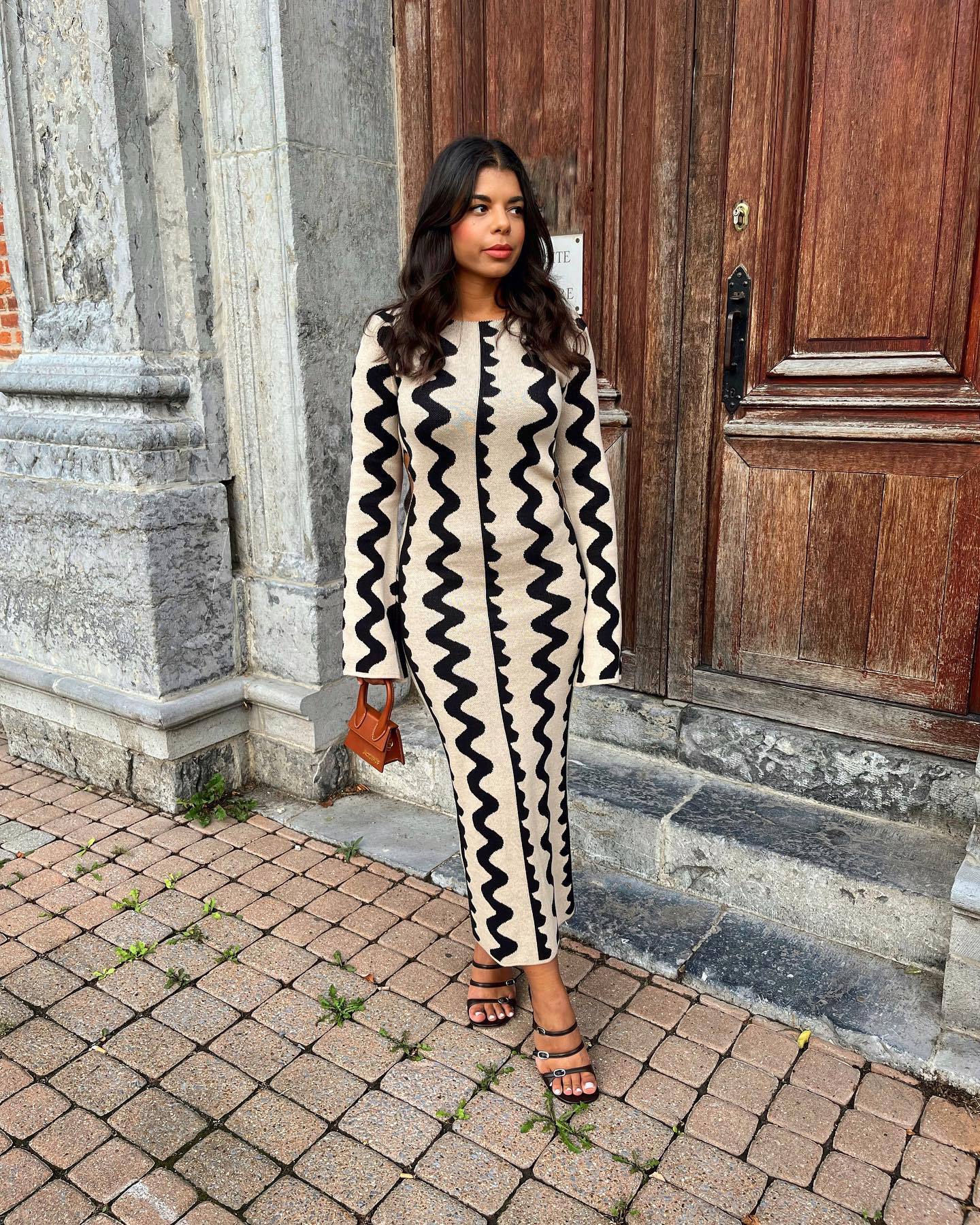 Ootddress Striped Contrast Color Knit Maxi Bodycon Dress Boho High Waisted Hollow Out Slim Dresses Women Holiday Dresses Vestidos