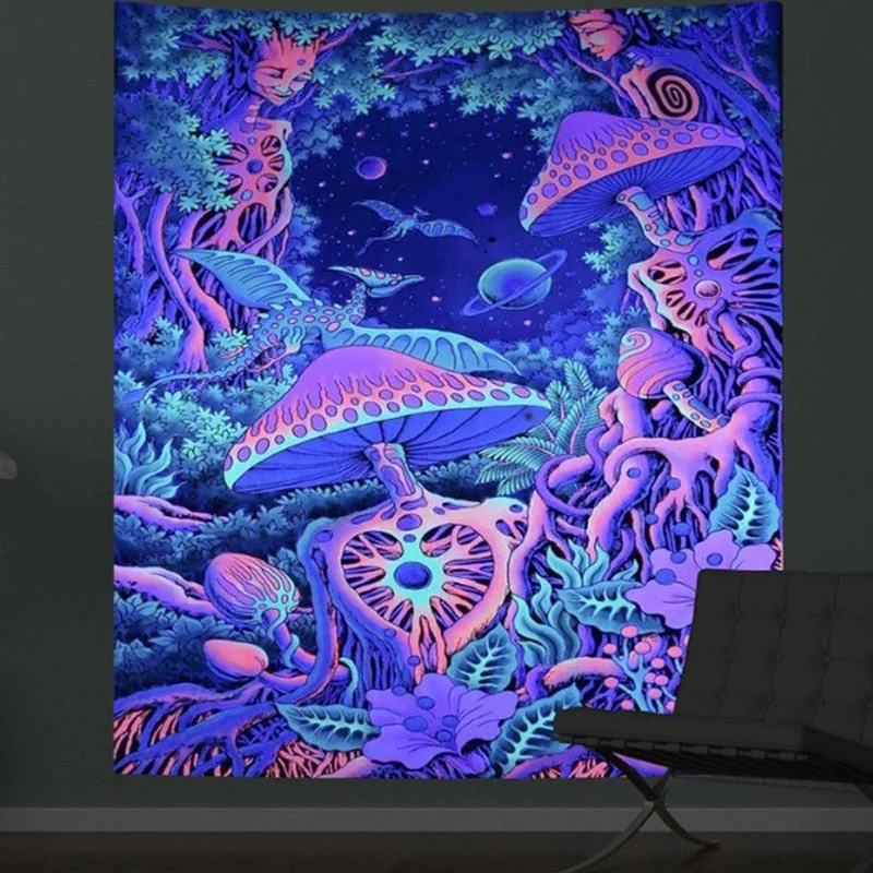 Mushroom Psychedelic Fluorescence Tapestry Wall Hanging Cloth Bedroom Decor Psychedelic Art Poster Glow Under Ultraviolet Light