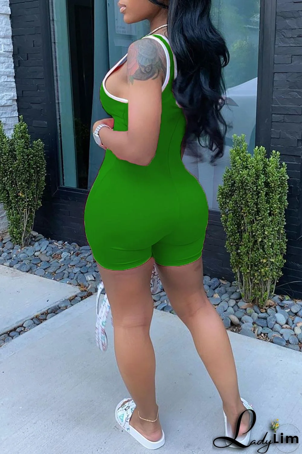 Green Fashion Casual Print Basic U Neck Skinny Romper