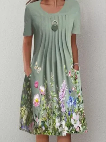 Uveng Floral Print Round Neck Pocket Mid-length Dresses