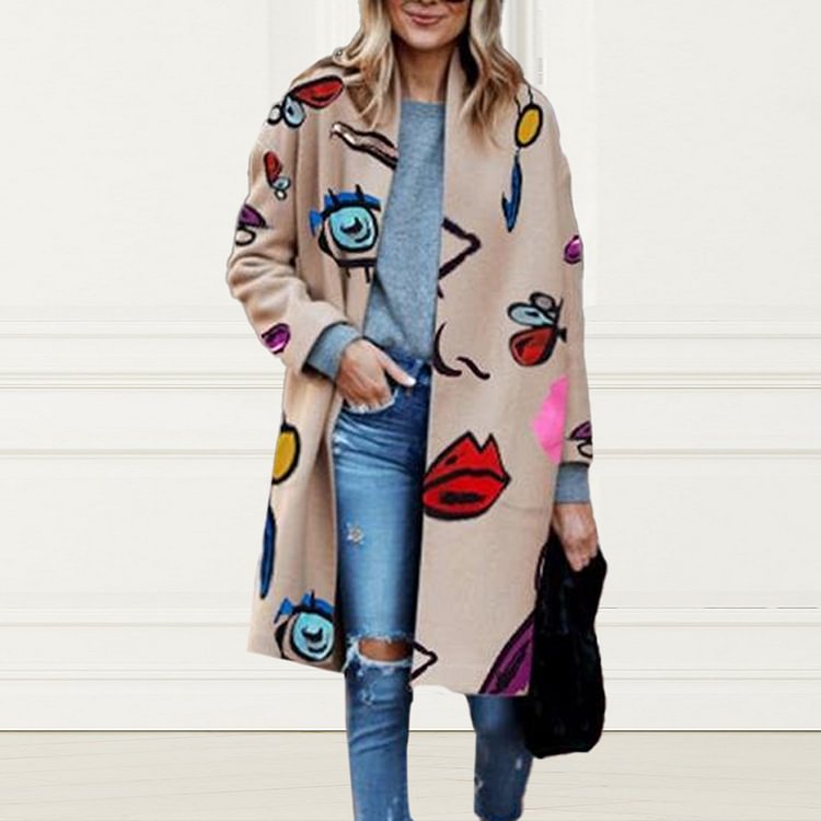 Fashion Abstract Face Print Woolen Coat