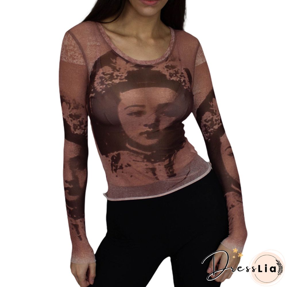 Y2k Women Long Sleeve T-shirt Anime Aesthetic Portrait Printing Mesh Yarn Round Neck Tops Goth Harajuku Streetwear