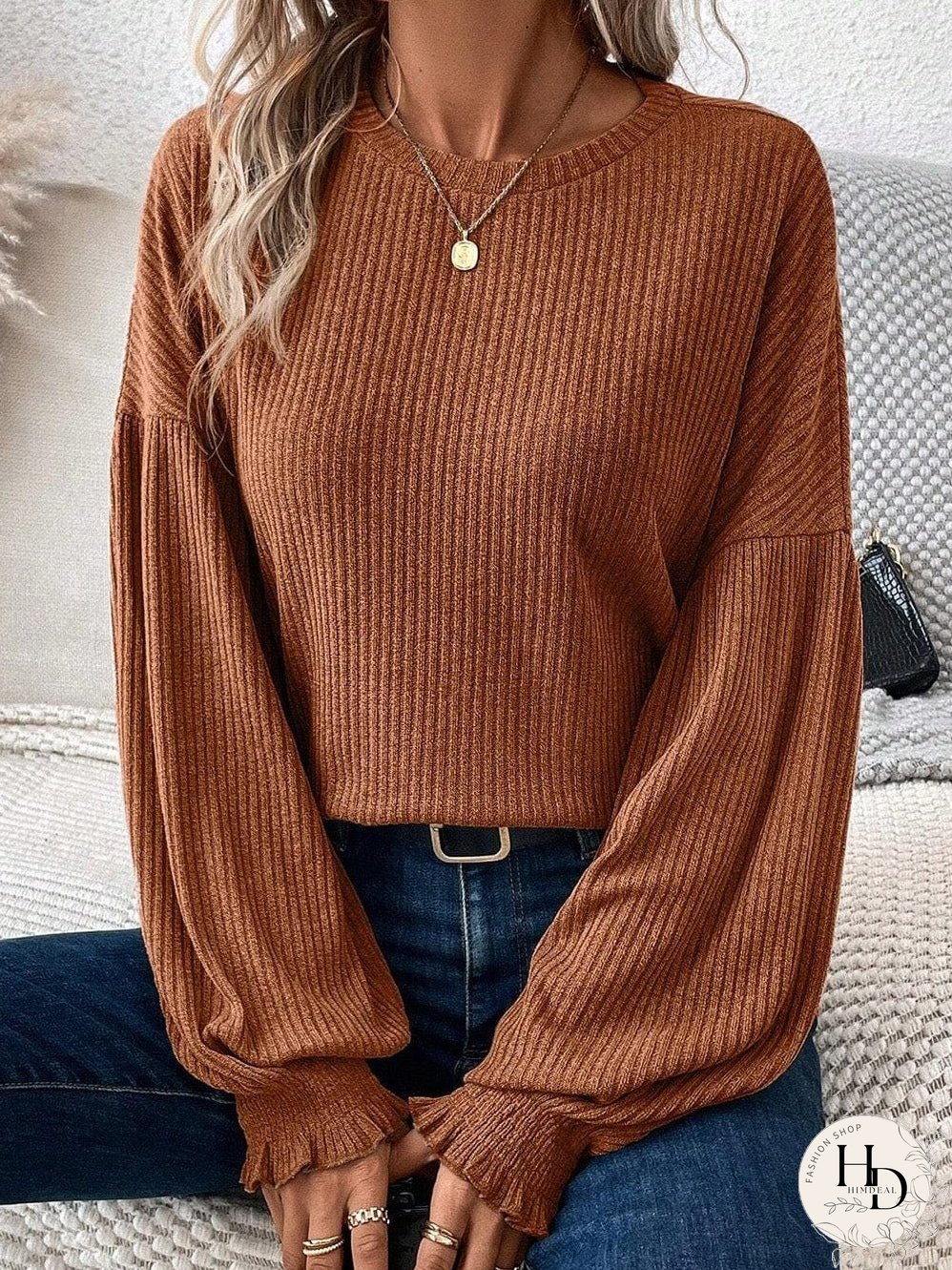 Chestnut Textured Knit Drop Shoulder Ruffled Sleeve Top
