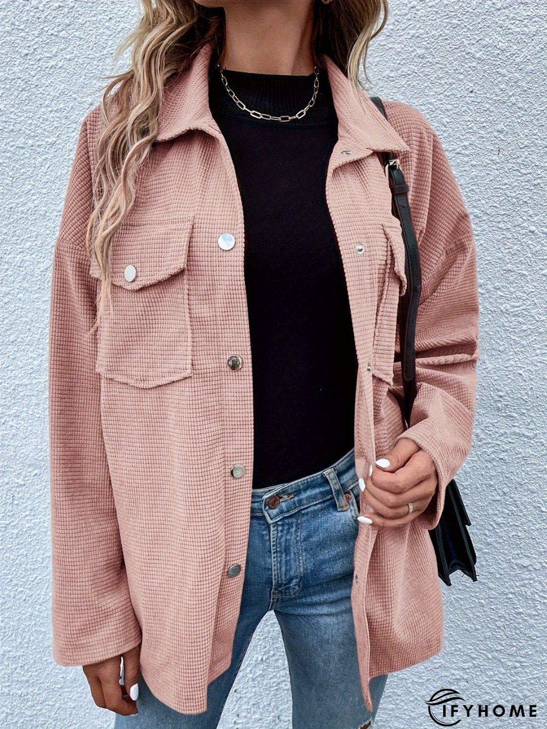 Jacket with pockets, collar and snap fasteners and dropped shoulders | IFYHOME