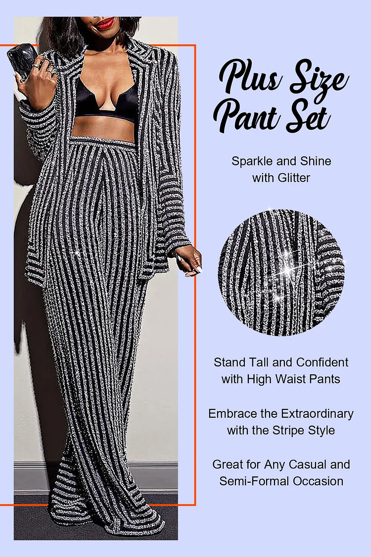 Plus Size Semi Formal Pant Set Black Glitter Striped Blazer Suit