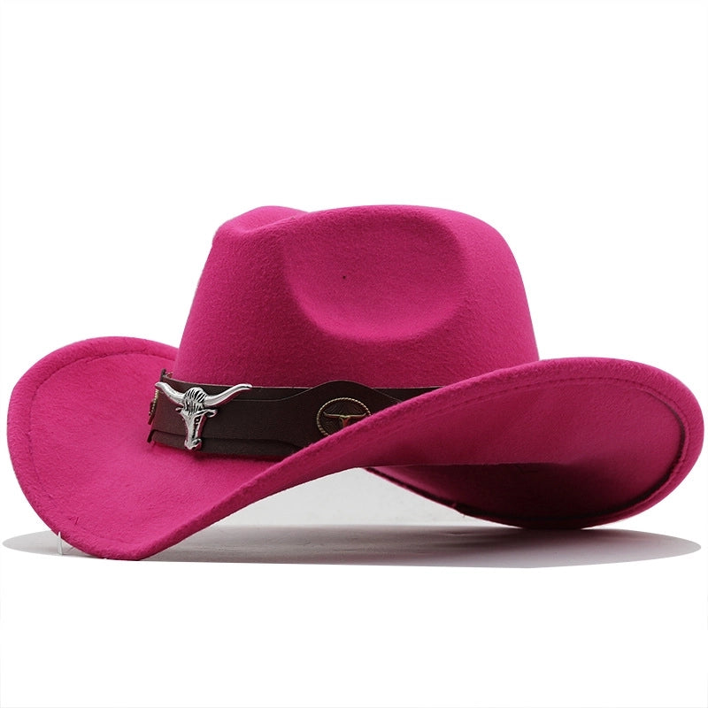 Simple Brim Hat Woolen Jazz Hat British Style Top Hat Cow Head Belt Solid Color Western Cowboy Hat