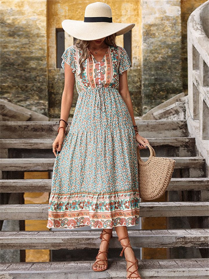 Long Skirt Retro Printed Green Slim Dress | EGEMISS