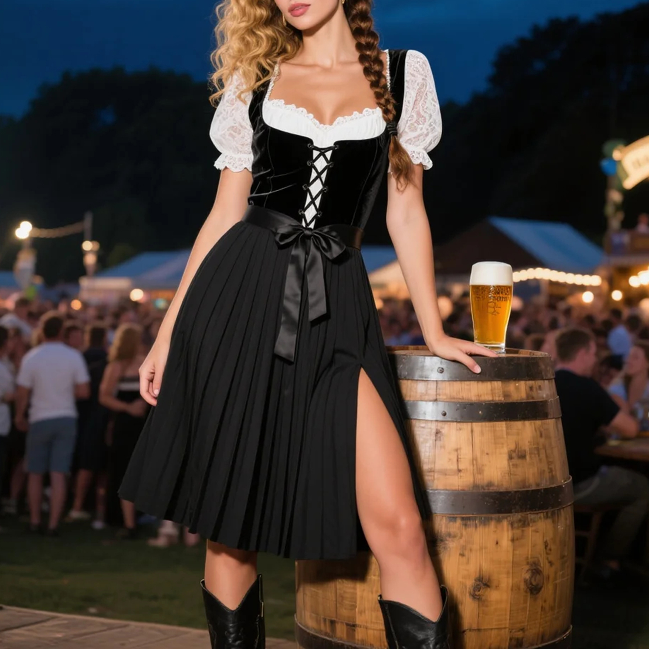 Vintage Dress Suit With Lace Inner Wear, Velvet Drawstring Vest, Pleated Skirt Suit, Beer Festival Dress