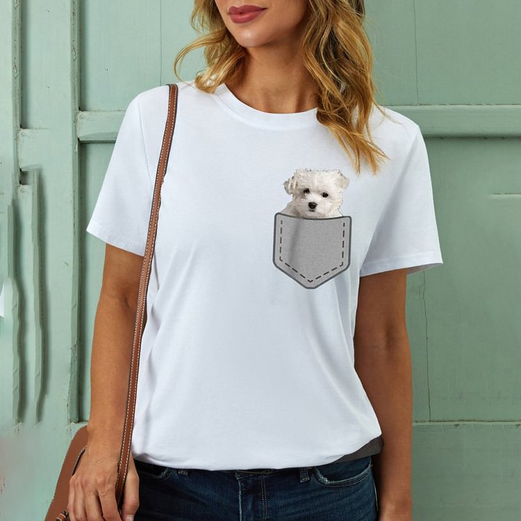 Vefave Simple Pocket Dog Print Casual T-Shirt