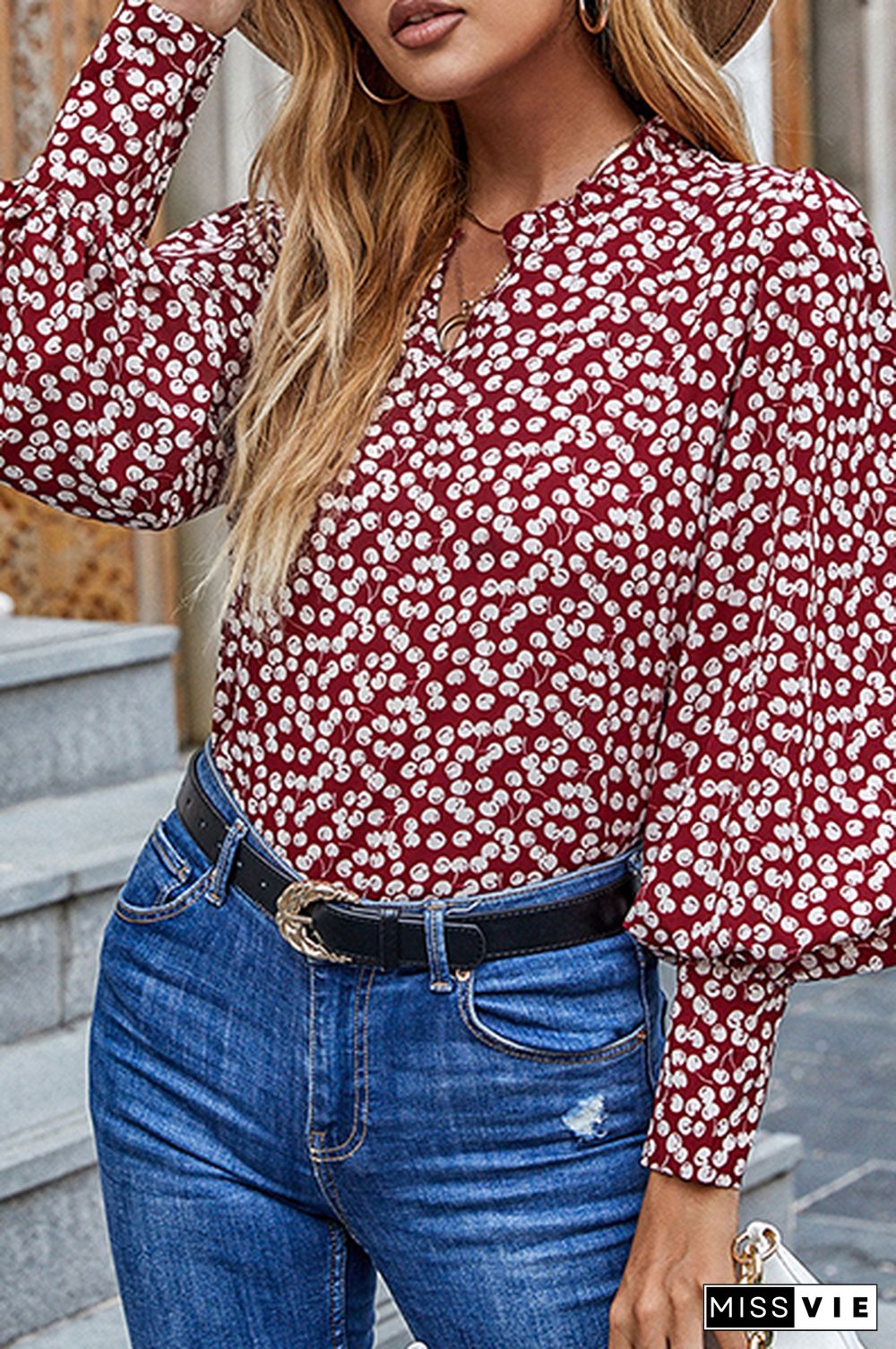 Elegant Print Split Joint V Neck Tops