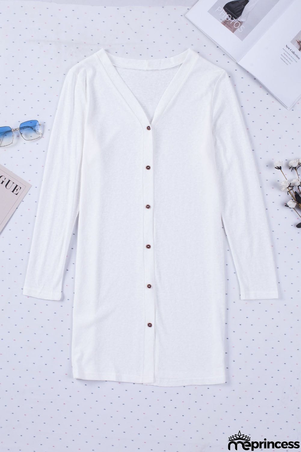 Solid Color Open-Front Buttons White Cardigan