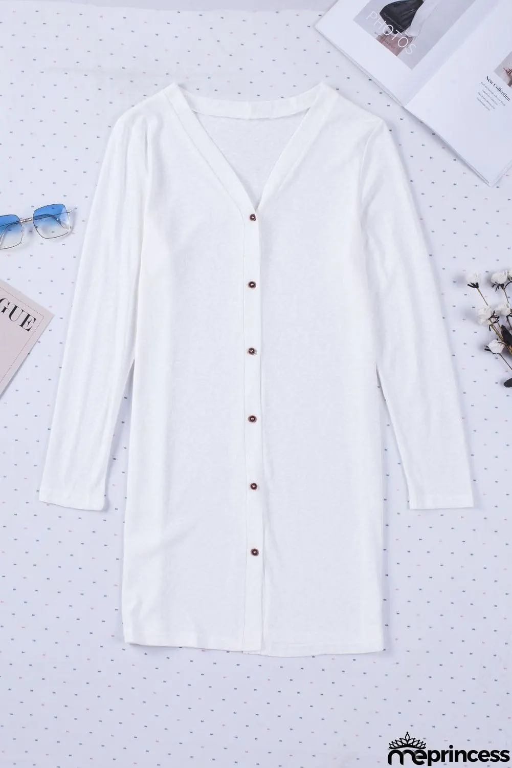 Solid Color Open-Front Buttons White Cardigan