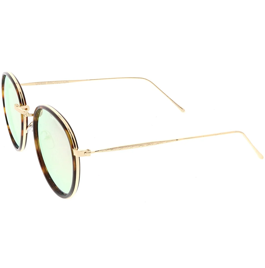 Modern Round glasses Engraved Slim Metal Arms  Color Mirrored Flat Lens 51mm