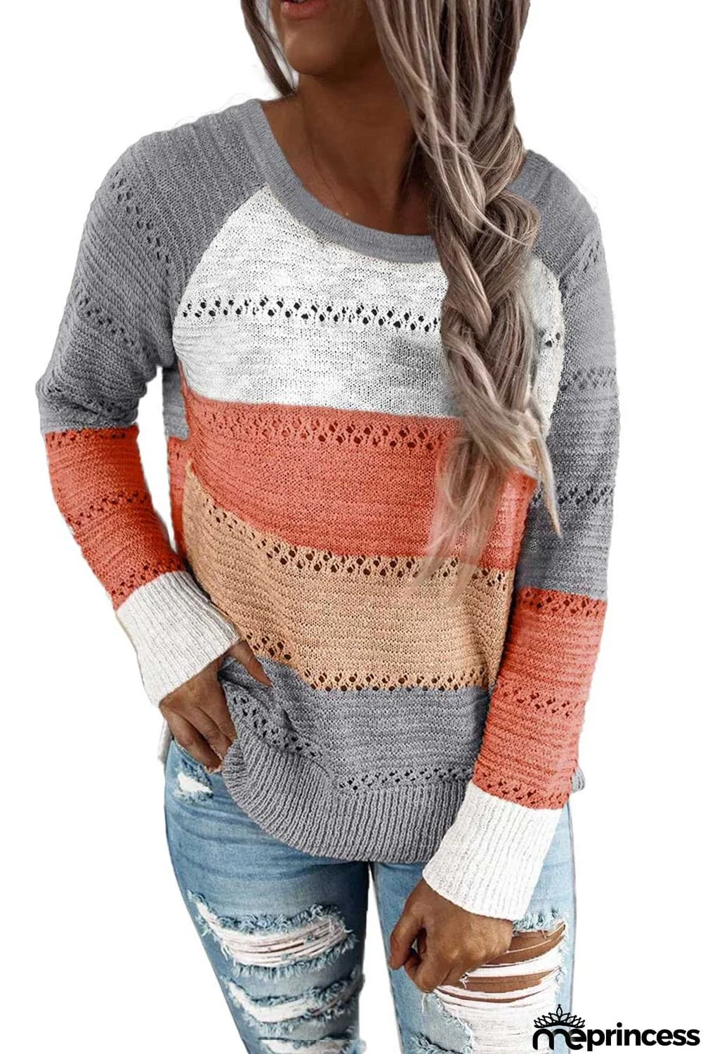 Multi-color Knitted Color Block Long Sleeve Crew Neck Sweater