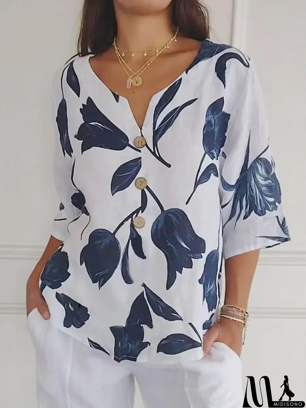 MidiSono - Women's Shirt Blouse Floral Casual Holiday White Pink Blue Print Button 3\/4 Length Sleeve Fashion V Neck Regular Fit Spring & Summer