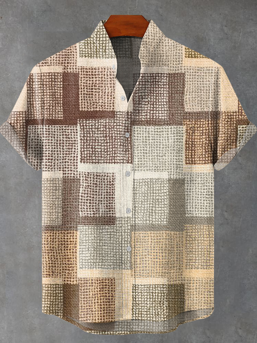 Vintage Abstract Fabric Plaid Painting Art Print Casual 100% Cotton Shirt