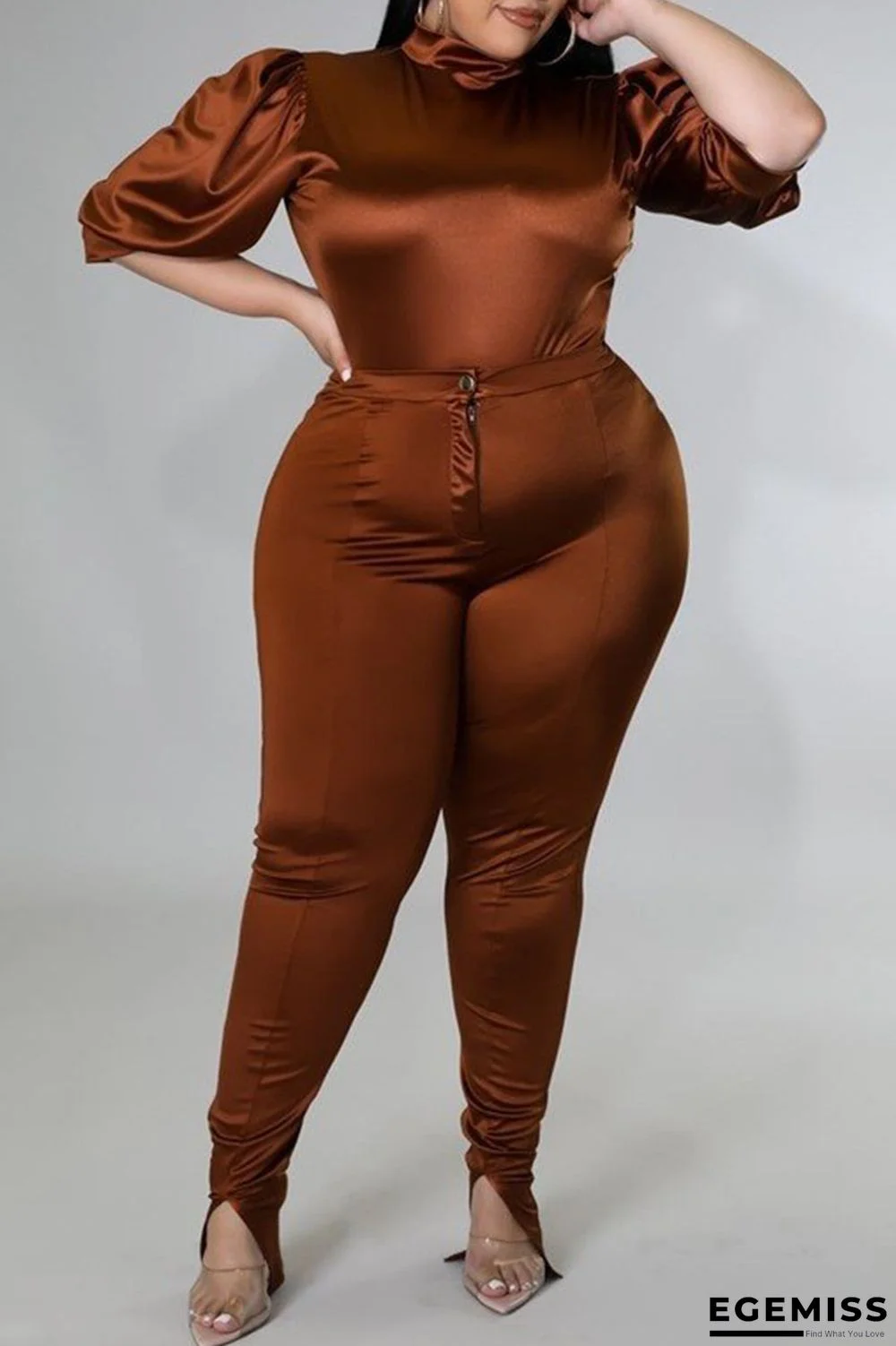 Coffee Casual Solid Patchwork Half A Turtleneck Plus Size Two Pieces | EGEMISS