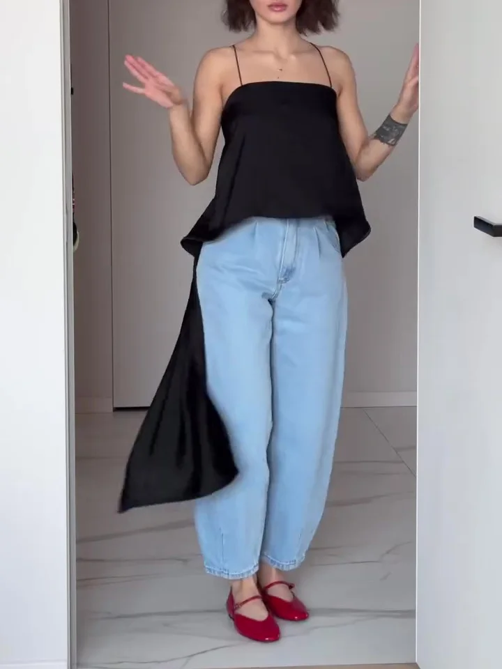 Black Asymmetrical Hem Backless Tank Top