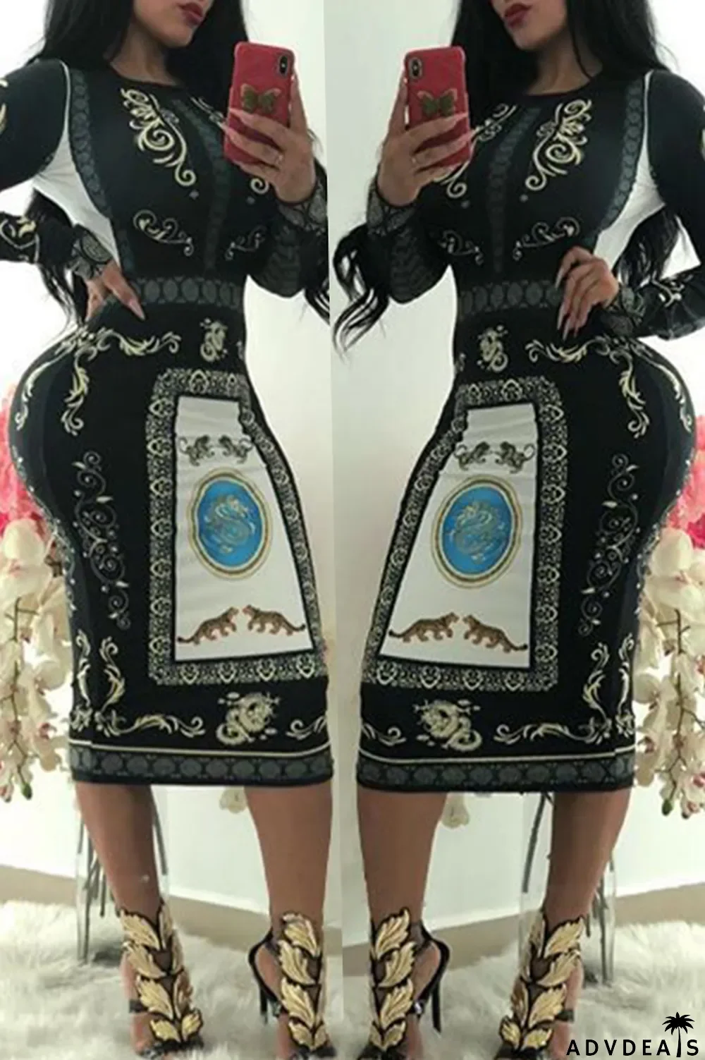 White Casual Printed Knitting Mid Calf Dress