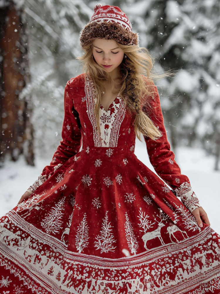 Women's Retro Christmas Print V-neck Cotton And Linen Maxi Dress elevenforest