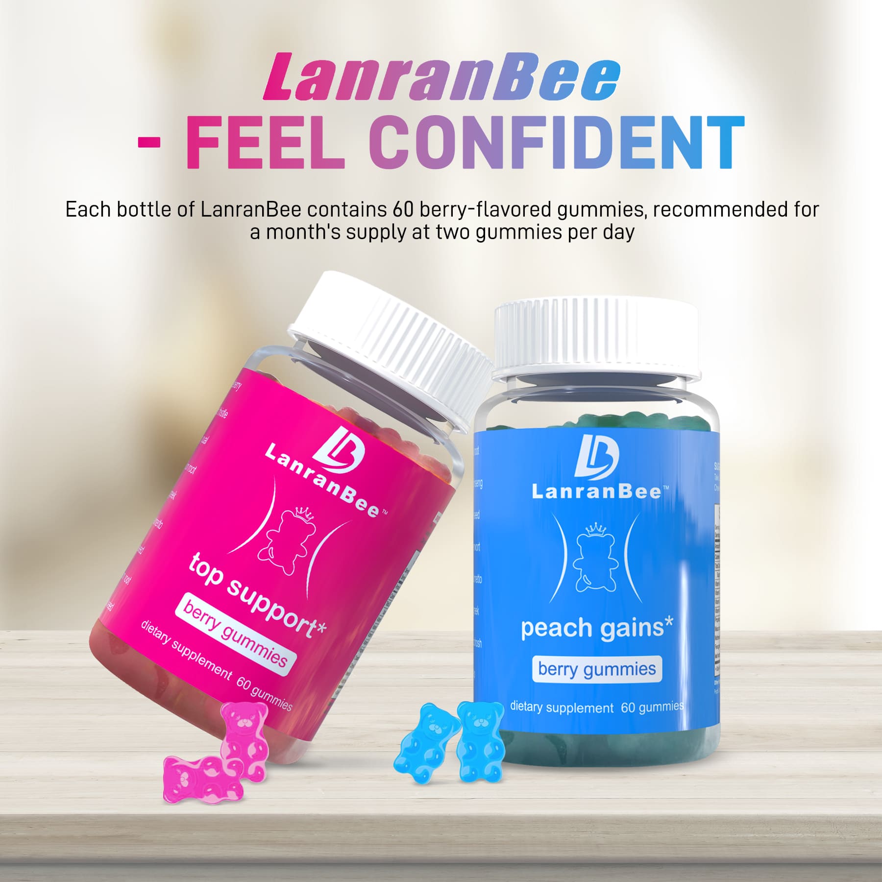 Lanranbee Bear Gummies – Dual-Flavor Natural Body Toning | Blue for Buttock Shaping, Red for Breast Support | Vegan, Non-GMO & 100% Additive-Free  lanranbee