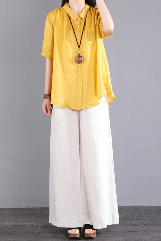 Plus Size-Summer Linen Short Sleeve Shirt Casual Blue Top