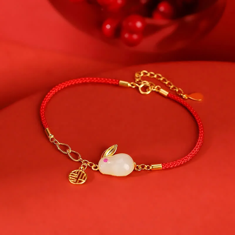 925 Sterling Silver Hetian White Jade Luck Blessing Red String Bracelet
