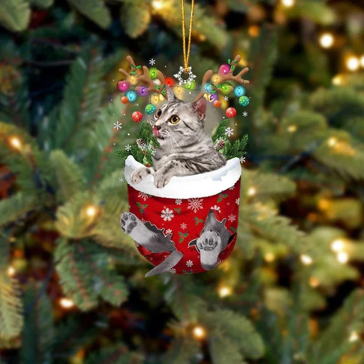 Egyptian Mau Cat In Snow Pocket Christmas Ornament.