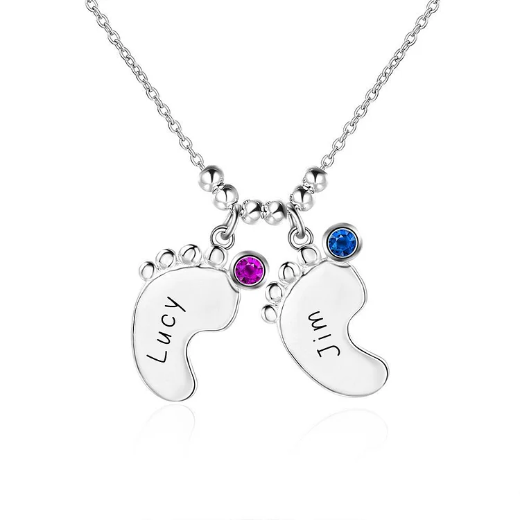 Baby Feet Necklace Mother Necklace with 2 Names and 2 Birthstones S925 sterling silver