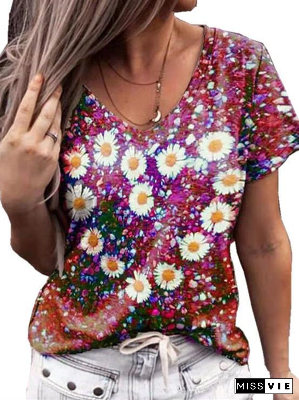 Women Short Sleeve V-neck Floral Printed Top