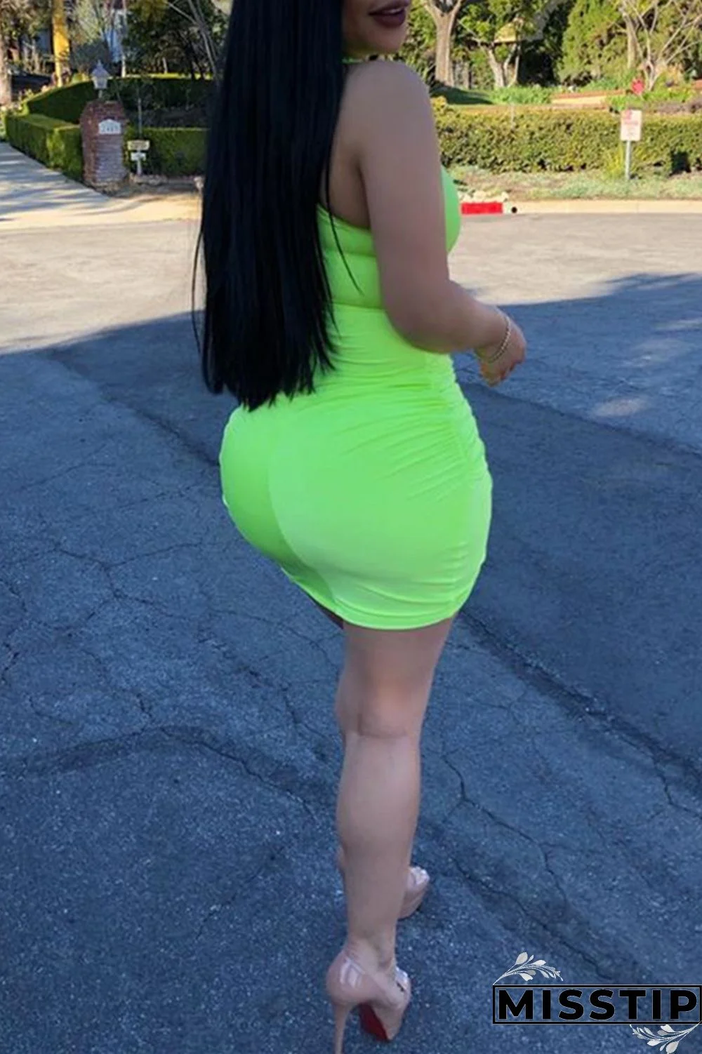 Light Green Fashion Sexy Solid Backless O Neck Sleeveless Dress