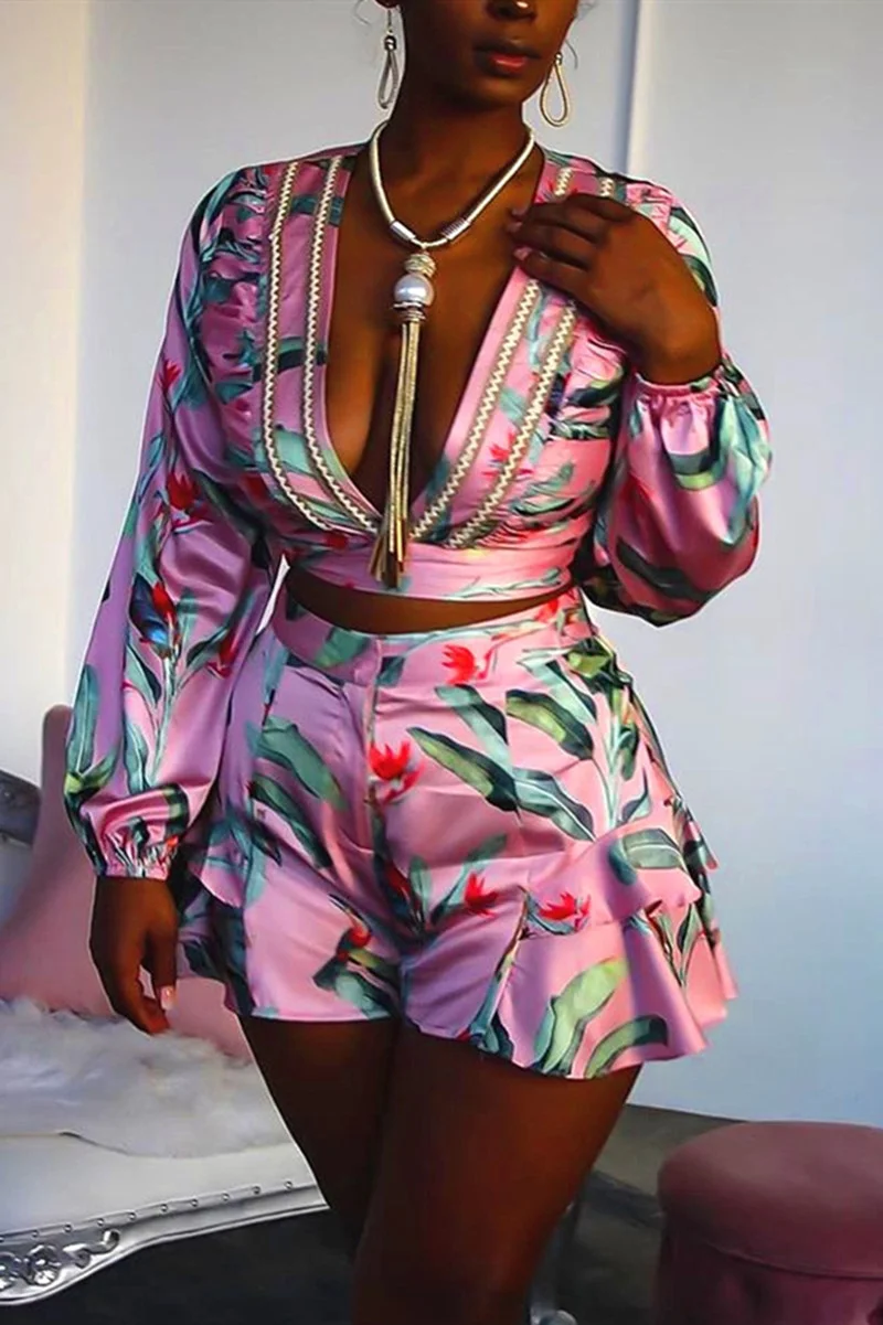 Pink Sexy Print Long Sleeve Top Shorts Set | EGEMISS