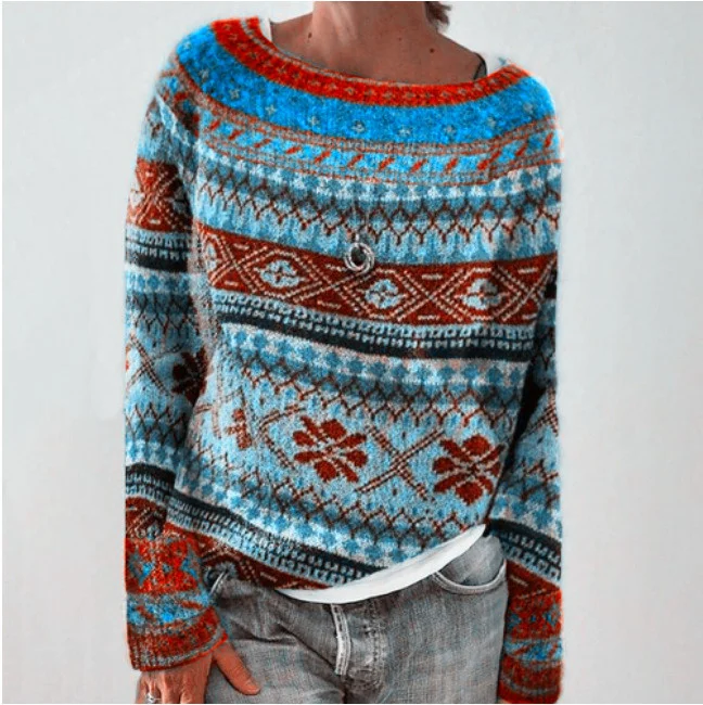 VChics Round Neck Colorblock Loose Retro Jacquard Sweater