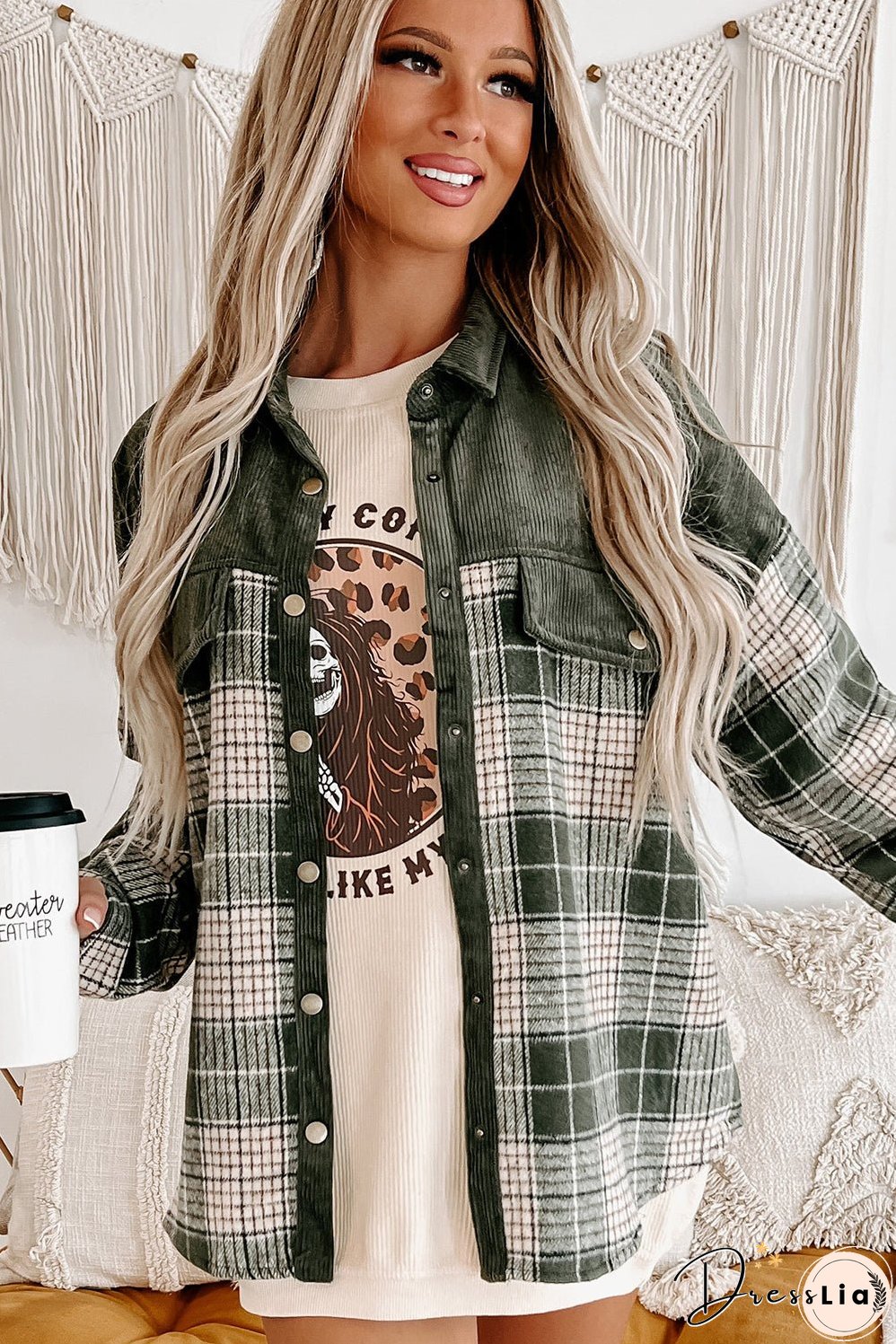 Green Plaid Corduroy Jacket with Pockets