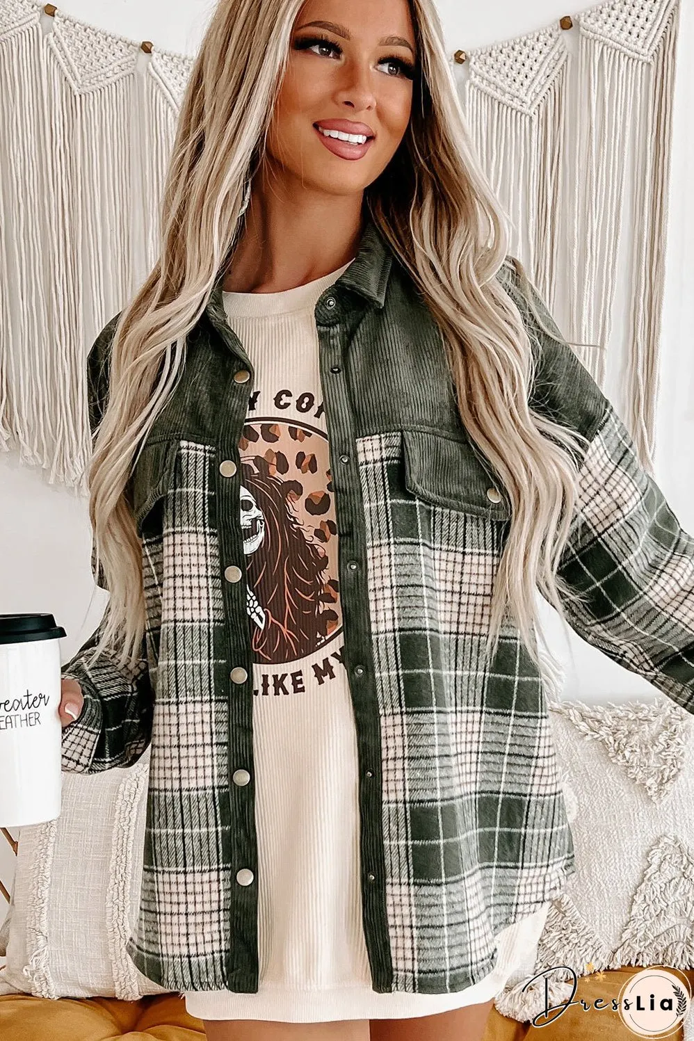 Green Plaid Corduroy Jacket with Pockets