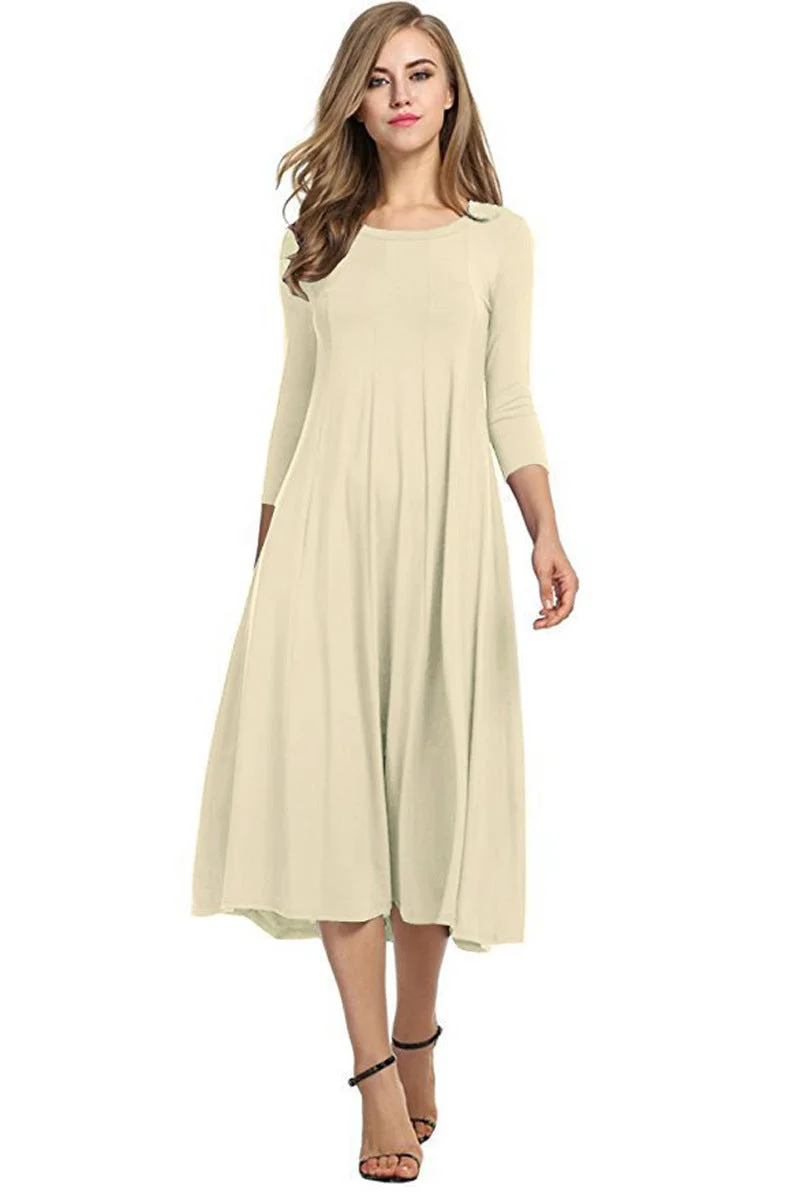 Brownm Women Round Neck Shirt Half Sleeve Solid Long Skirt Color Wide Hem Dress
