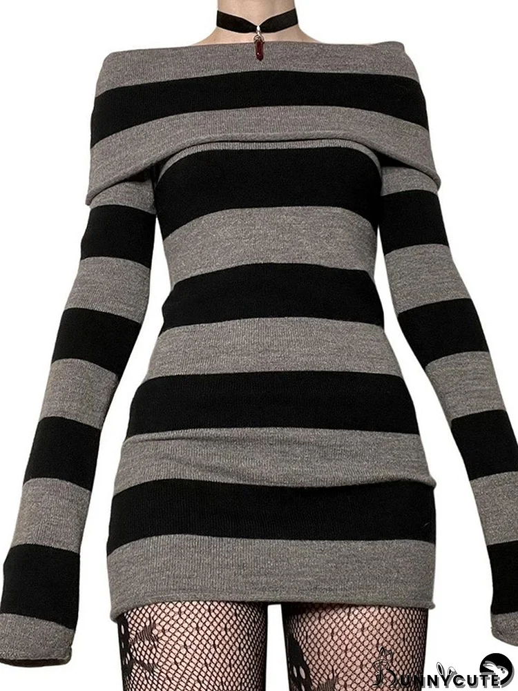 Off Shoulder Long Sleeve Striped Knit Mini Dress