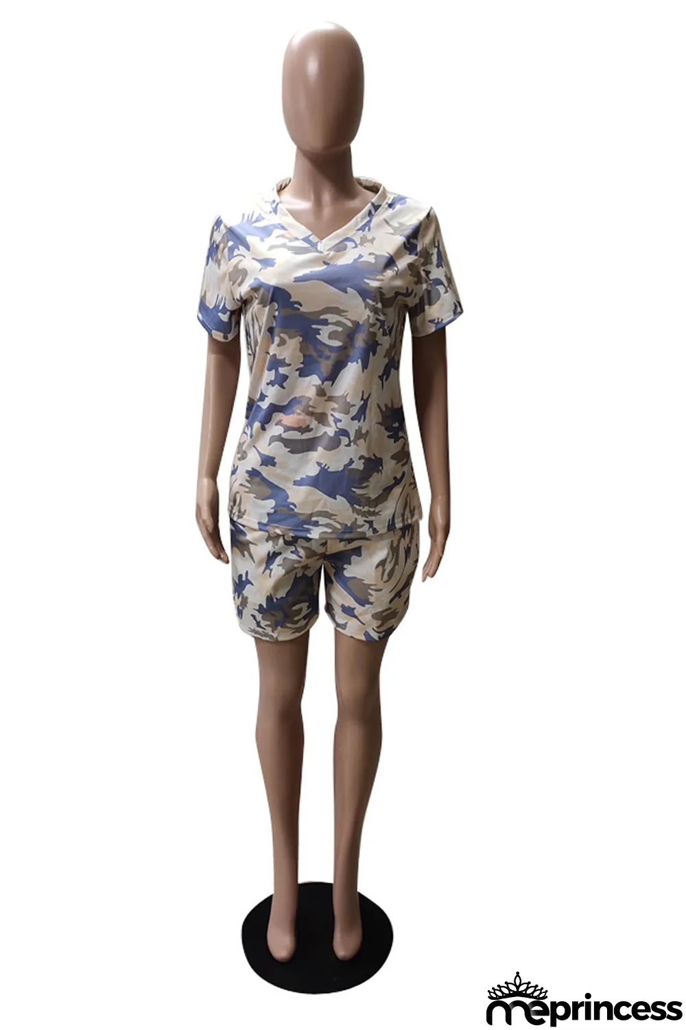 Blue Casual Camouflage Print Split Joint V Neck Plus Size Two Pieces