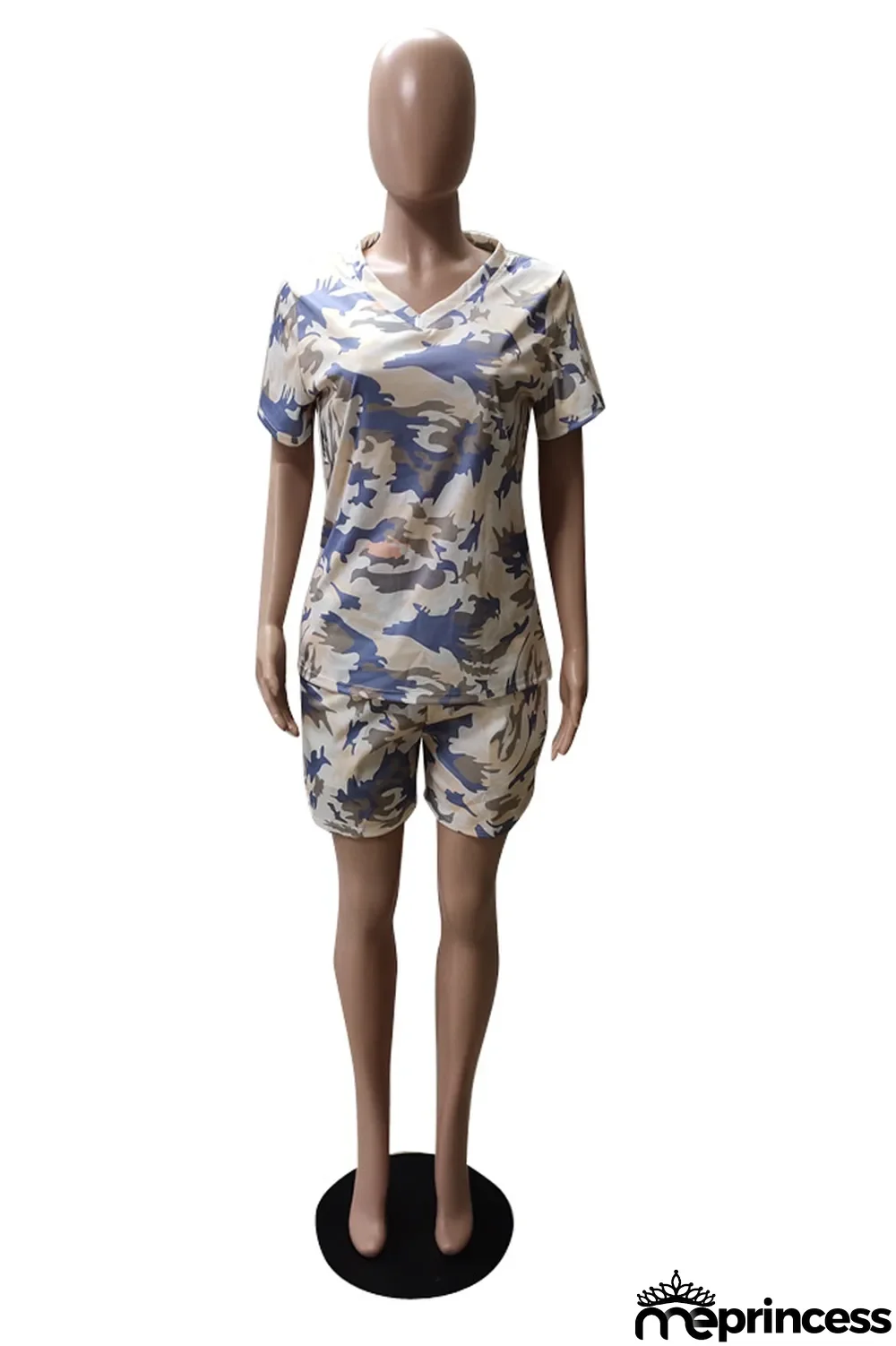 Blue Casual Camouflage Print Split Joint V Neck Plus Size Two Pieces