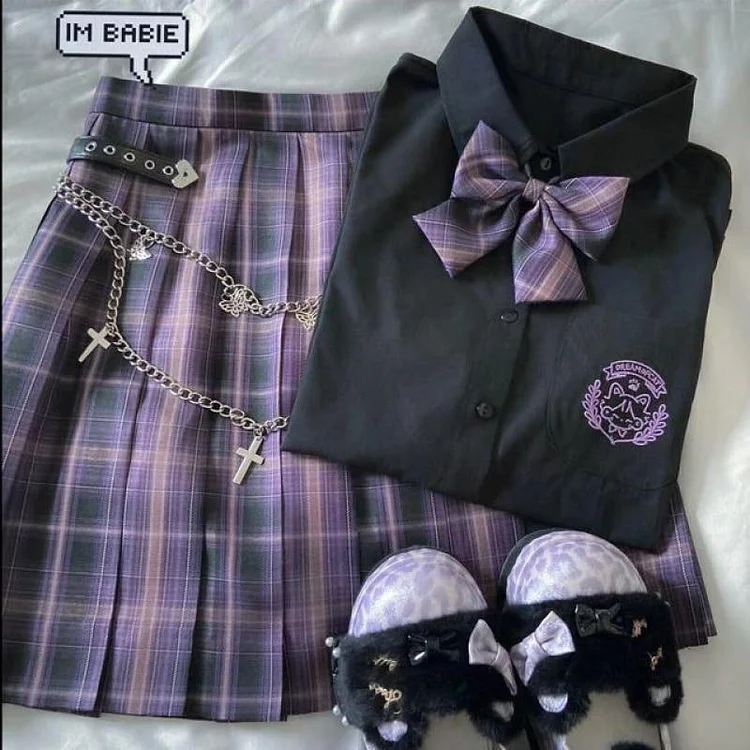 Black Blouse Purple Bow Plaid Skirt JK School Uniforms Three Piece Set SP16133