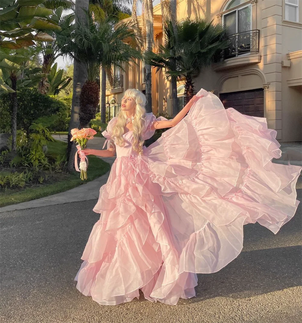 Aiertu Pink Princess Prom Dress Ruffle Layered Evening Dresses Formal Occasions Graduation Gown Sweet Birthday Party Dresses Aiertu