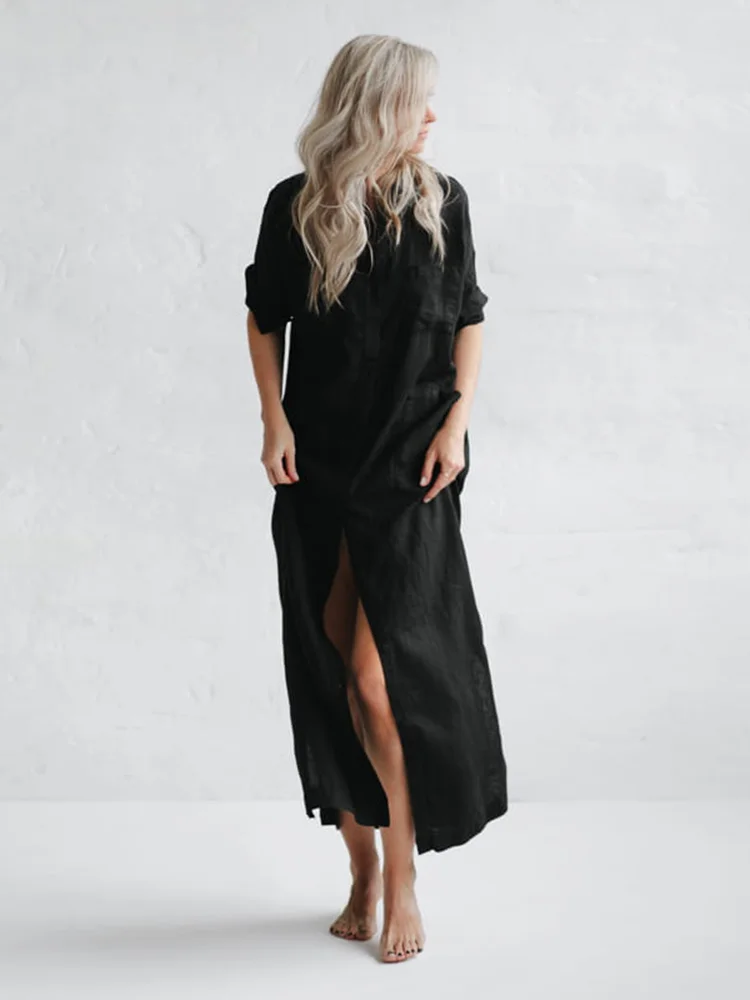 Patch Pockets Maxi Shirt Dress