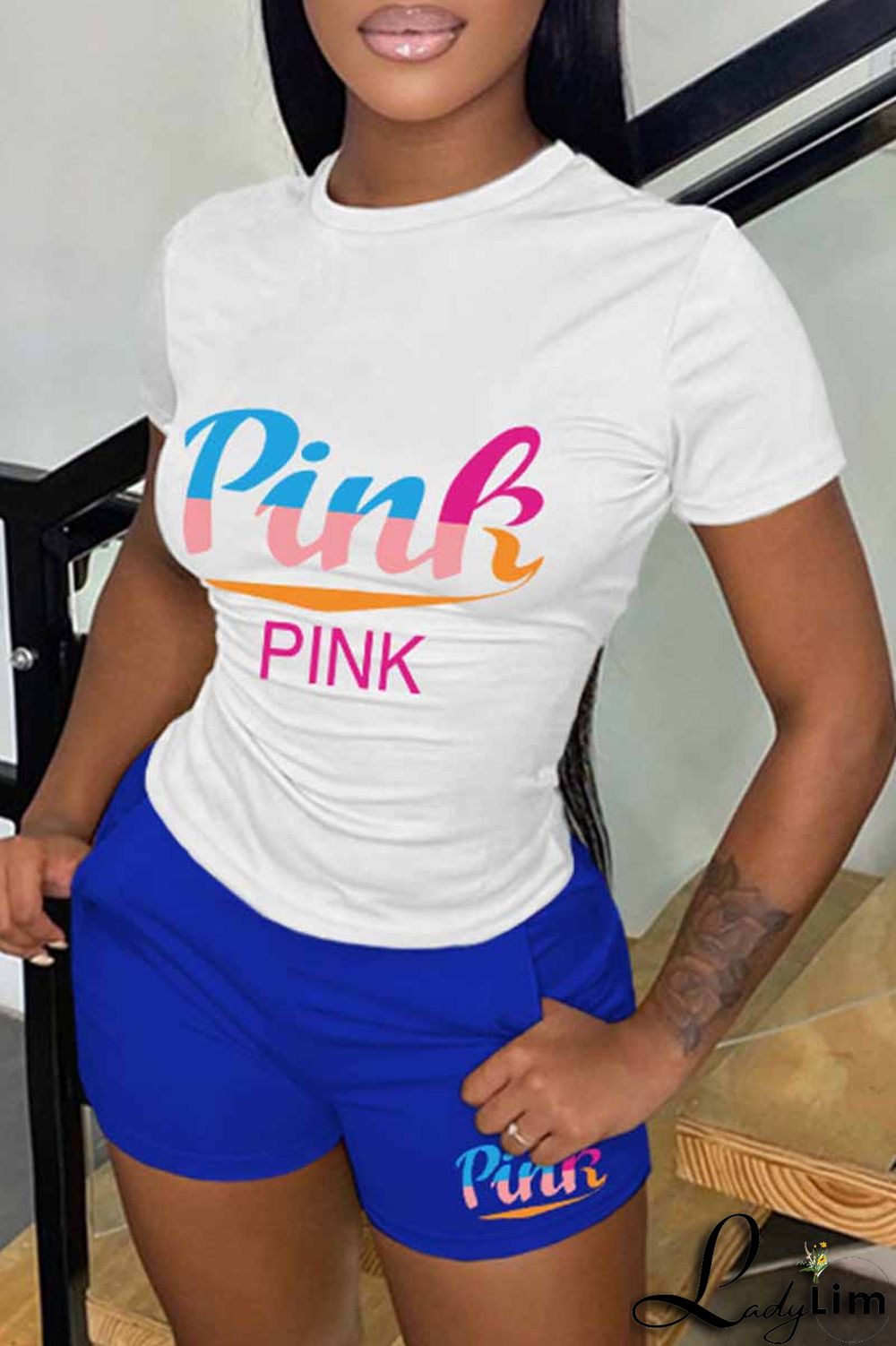 Pink Casual Print Letter O Neck Short Sleeve Two Pieces
