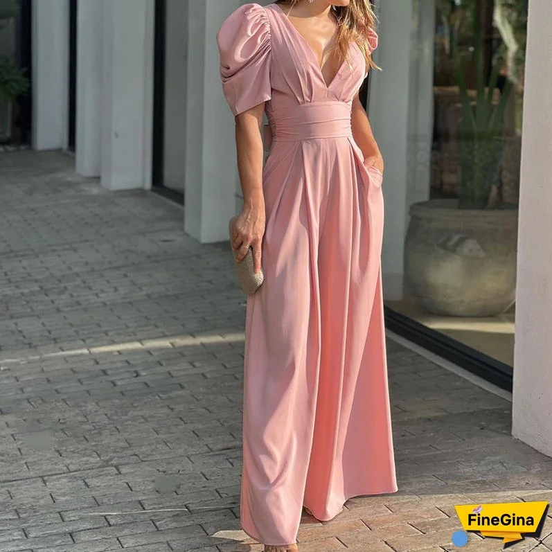 Plus Size Women Short Sleeve Wide Leg Jumpsuit