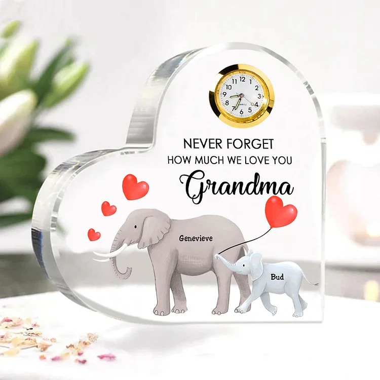 Personalized Heart-Shaped Acrylic Clock Keepsake Heart Sign Engraved 2 Names Elephant Ornament Unique Gift for Mom Grandma