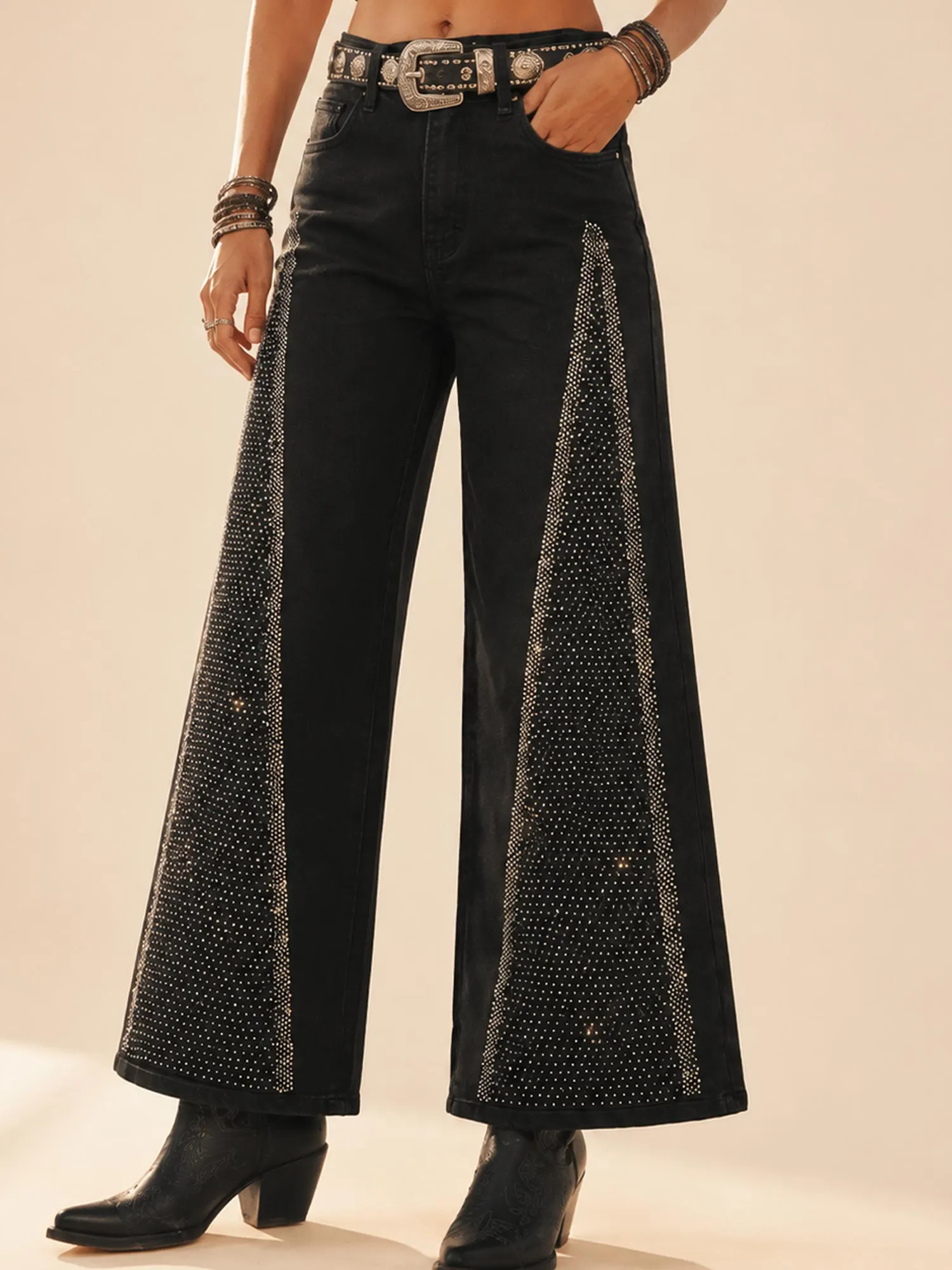 Perfect for Music Festivals &mdash; Light Blue Rhinestone Embellished Stretch Cotton Denim Women's Flare Jeans（Belt not included）